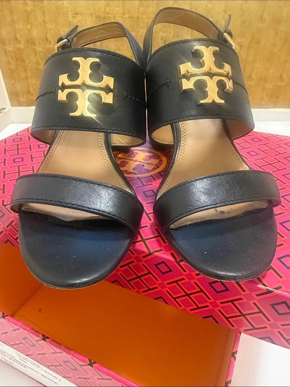 Tory Burch Black Leather Gold-Logo Slingback Heels